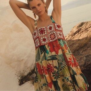 Anthropologie FARM Rio Colorful Floral Granny Square Crochet top Midi Dress Med.
